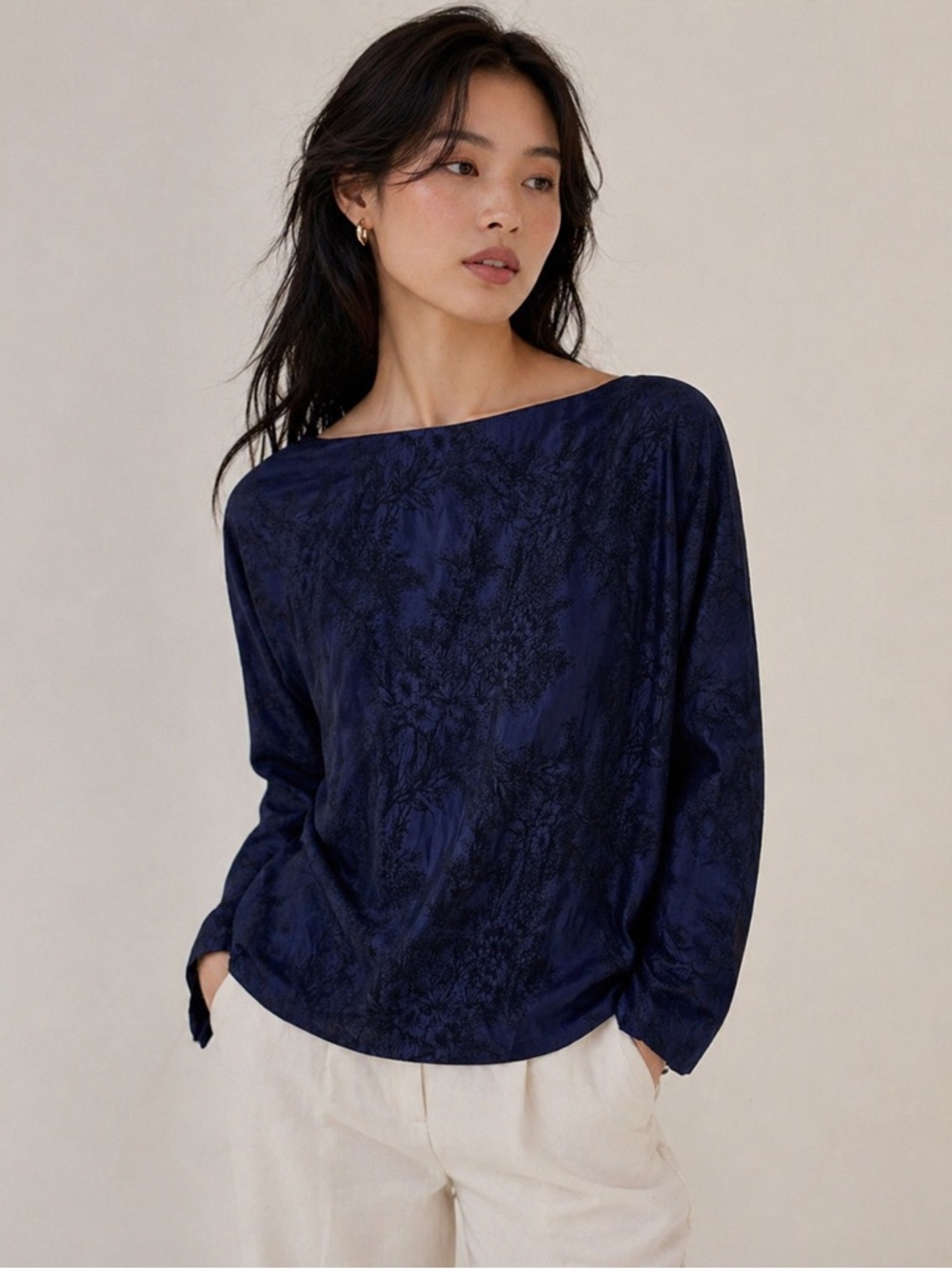 Zara Navy Floral Boat Neck Blouse M
